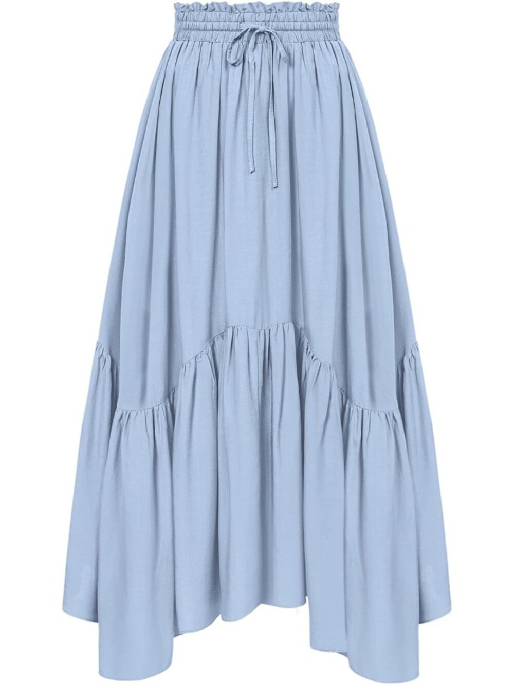 Women Light Blue Drawstring Renaissance Boho Flowy Asymmetric Tiered Maxi Skirt